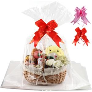 SUREHOME Cellophane Bags for Gift Baskets Wrapping Plastic 10 Pcs 30 x 40 Inch Large Cellophane Bags for Easter Basket Wrap Clear Gift Bags with Pull Bow Shrink Wrap Bag for Gift Basket Gift Giving