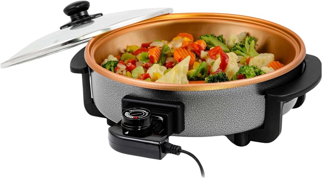 OVENTE 11.5-Inch Electric Skillet & Frying Pan, 1400W Nonstick Cooking Pan with Adjustable Temperature Control, Tempered Glass Lid with Steam Vent, Cool-Touch Handles, Easy-Clean Copper SK11112CO