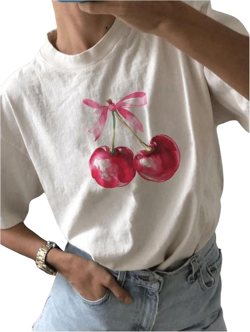 Women's Graphic Cherry Bow Tees Casual Letter Print Round Neck T Shirt Summer Short Sleeve Trendy Tops (White, L)