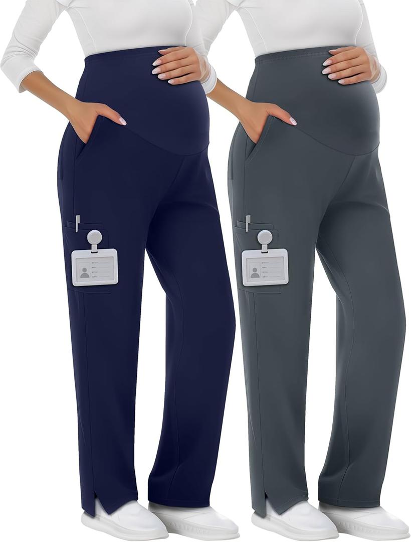 2 Pack Women's Maternity Scrubs Pants with 6 Pockets Pregnancy Workwear Stretchy Straight Leg Cargo Trousers (Large, Dark Grey, Navy Blue)