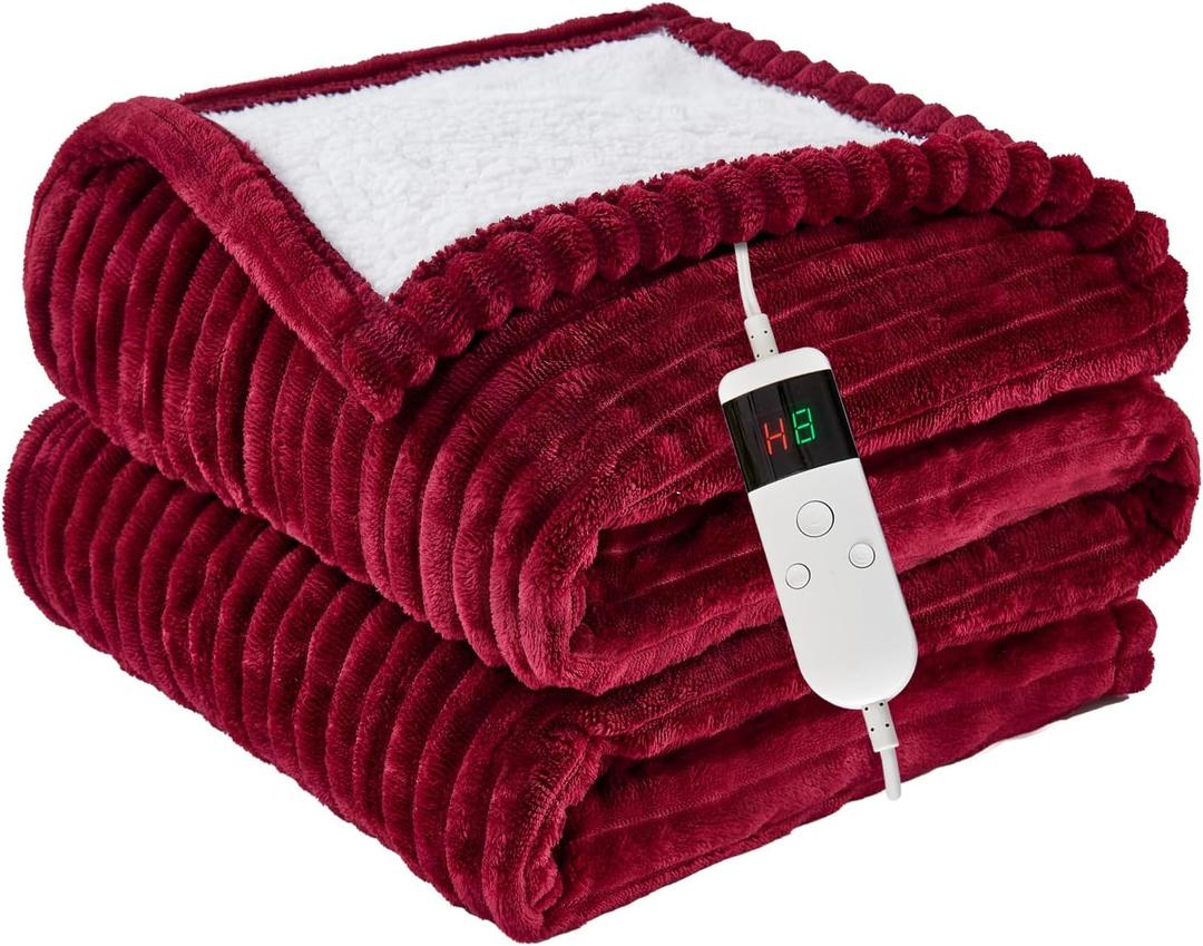 Heated Blanket Electric Throw, Soft Flannel Heating Blanket with 8 Hours Auto Off 10 Fast Heating Levels Machine Washable Sherpa Heated Blanket with Overheating Protection (Throw (50" x 60"), Red)