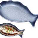 Cabilock 12 Inch Ceramic Fish Shaped Plate, Blue Porcelain Steamed Fish Platter, Deep Seafood Serving Dish for Sushi & Appetizers, Decorative Food Tray for Home Restaurant Kitchen