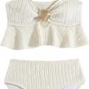 OYOANGLE Girl's Two Piece Metallic Shell Bikini Sets Cut Out Ruffle Top High Waist Hipster Swimsuit (Beige, 11Y)
