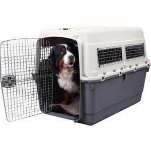 SportPet Airline Compliant XXX-LARGE 48" Travel Dog Kennel-Durable Plastic Airline Pet Carrier w/Removable Wheels & Food Bowls, Collapsible Indoor/Outdoor Dog Kennel, Dogs up to 44"L & 33"H-Cream/Gray