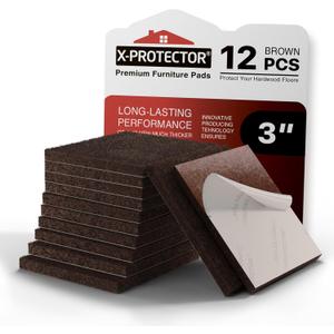 X-PROTECTOR Felt Furniture Pads - 12 PCS 3" - Felt Pads Floor Protectors - Chair Felt Pads - Felt Pads for Furniture Feet - Furniture Pads for Hardwood Floors - Protect Your Floors! (Brown, Square)