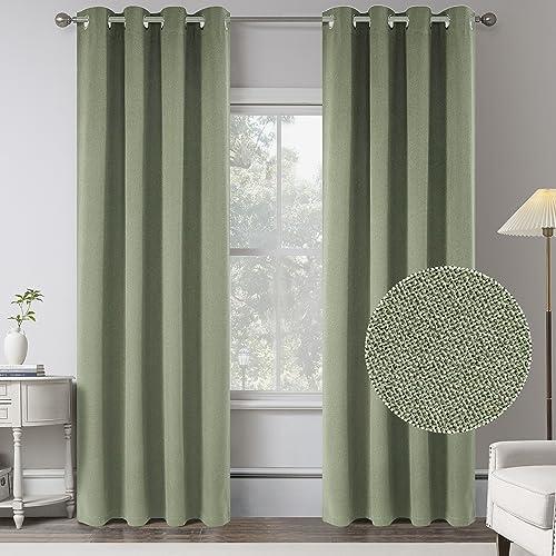 KEQIAOSUOCAI Sage Green 100% Blackout Linen Curtains 80 Inches Long 2 Panels for Bedroom, Modern Farmhouse Full Black Out Room Darkening Thermal Insulated Window Curtain Panels W50 x L80 Inch Length