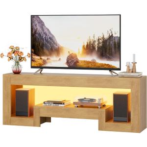 JUSTOGO Modern TV Stand for 65 Inch TV, Wood Entertainment Center with LED Lights, TV Console with Large Open Storage for Living Room Bedroom, 54" TV Table Media Console, Natural, 54"W x 11.8"D