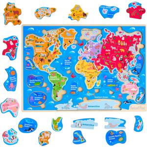 Montessori Mama World Map Wooden Puzzle, Continents and Oceans Puzzles for Kids Ages 4-6. Perfect Educational Toys for 4 Year Old Including Global Landmarks, Animals and Marine Life