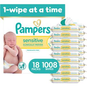 Pampers Sensitive Baby Wipes, Clinically Proven, Fragrance Free, Unscented, Water Based, Hypoallergenic, Multi-Use, Hand Wipes 1008 Wipes Total (18X Flip-Top Packs)