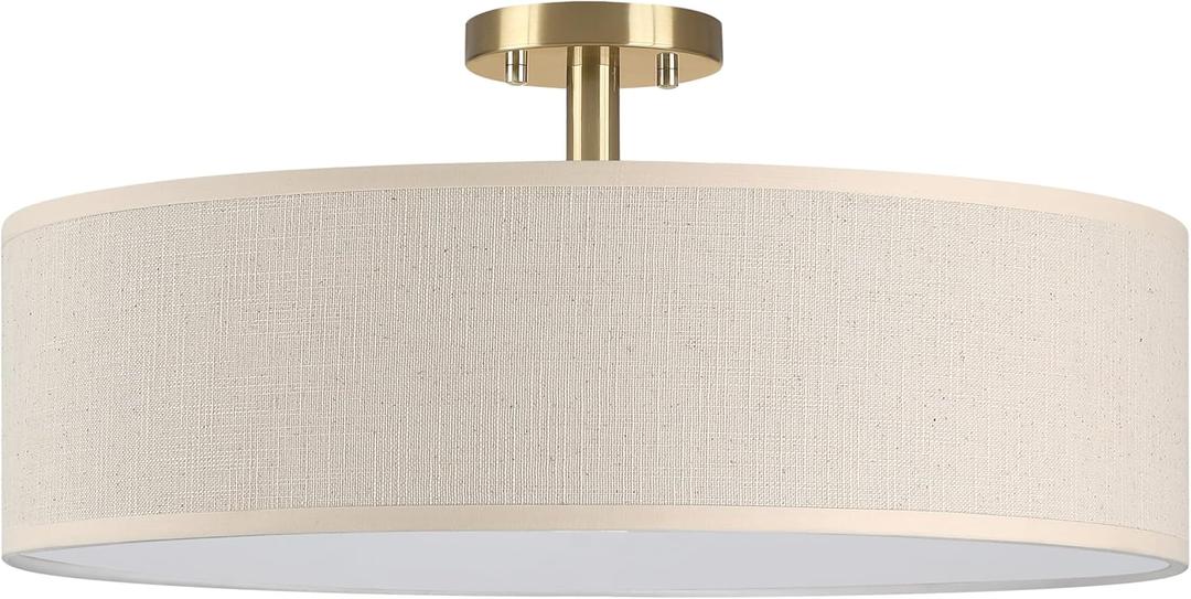 4 Light 20 Inch Semi Flush Mount Close to Ceiling Light Fixture,Off White Fabric Shade Gold Finish for Bedroom,Living Room,Dining Room Hallway