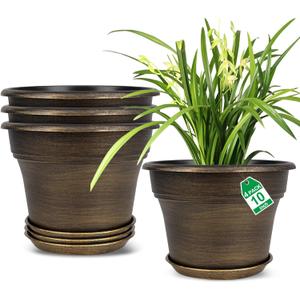 Plant Planters Pots Set of 4 Pack 10 Inch, Plastic Flower Pot for Indoor Plants with Drainage Holes & Trays, Resin Decorative Container Sets with Saucer for House Outdoor Garden Planters Dark Gold