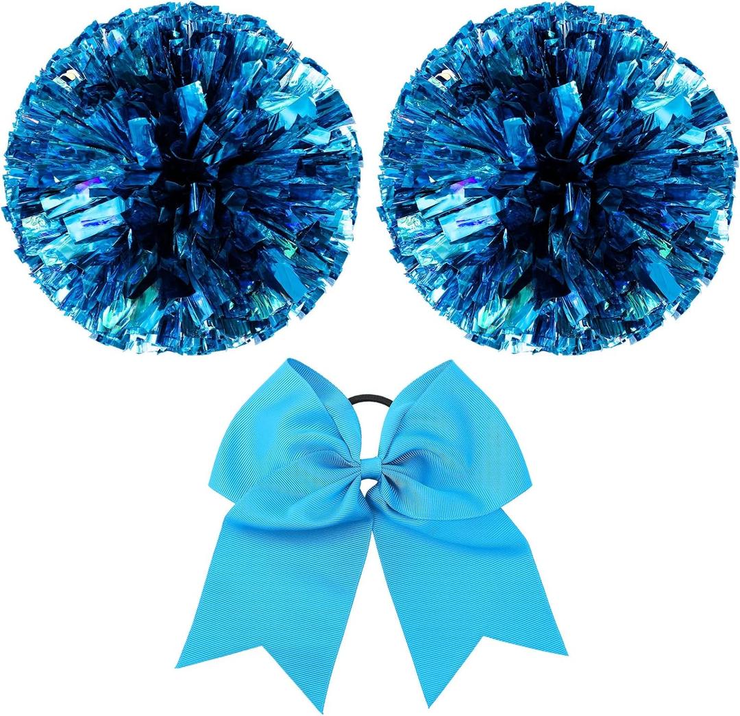 Hanaive 3 Pcs Cheerleading Pom Poms and Large Cheerleader Hair Bow Metallic Cheer Supplies for Team Spirit Sports Dance Cheering (Rainbow Mixed Blue)