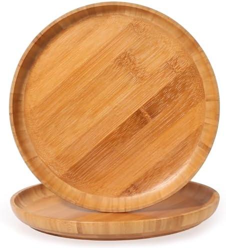 ZTHapwa Bamboo Wooden Dinner Plates Set of 2, 10 inch Decorative Serving Tray for Coffee Table and Home Decor, Round Serving Platters and Trays for Pasta/Fruit/Charcuterie, Reusable Charger Plates