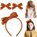 DEEKA Orange Brown Velvet Bow Headband & 2 Pcs Velvet Hair Bows Set Uniform Hair Accessories Hair Band for Little Toddler School Girls -Orange Brown (Caramel)