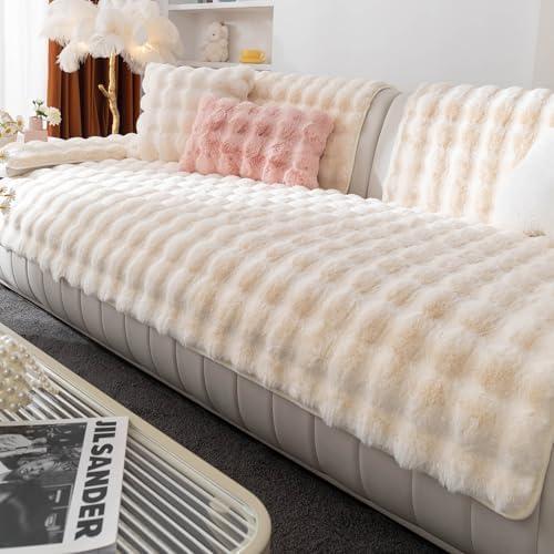 Faux Fur Couch Cover, Soft Warm Plush Sofa Couch Cover, Non Slip Sectional Sofa Slipcovers, Washable Furniture Protector for Kids, Dogs, L Shaped Armrest Backrest Cover(Beige White, 50"x 60")