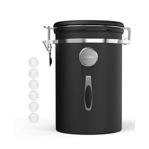HAIOOU Large Coffee Canister, 38OZ Oversized Stainless Steel Coffee Bean Storage Container with Date Tracker, Measuring Scoop, CO2 Releasing Valves for Beans, Grounds and more - Black
