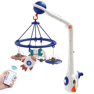 Musical Baby Mobile, Space Themed Nursery Mobile with Light Projection, Rocket and Spaceship Teether Toys, Hanging Toy Mobile for Crib