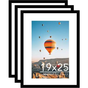 JCJMY 19x25 Picture Frame with 16x22 Mat Set of 3, Display Photo 16x22 with Mat or 19 x 25 Without Mat, Wall Hanging Large 19 by 25 Poster Frame with Plexiglass, 3 Pack, Black