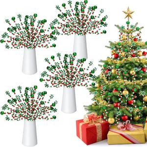 Liliful 40 Pcs Christmas Curly Pick Christmas Candy Cane Picks Decoration Plastic Twisted Lollipop Strips and Bells Strips Tree Ornaments for Xmas Tree Topper Home Office Vase Decor(Green, White)