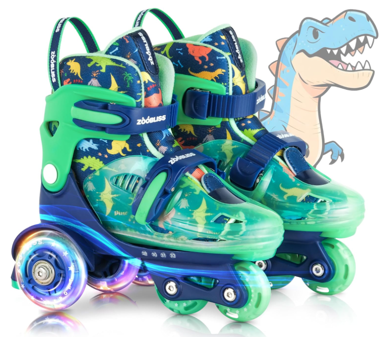 Kids Roller Skates for Beginners  ZOOBLISS Toddler Roller Skates for Boys Ages 37 with LightUp Wheels & 4 Adjustable Sizes, TriWheel Training Skates for Kids (Dino Blue)