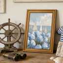 Gold Framed Vintage Coastal Hydrangea Canvas Wall Art Coastal Sailboat Painting Picture Wall Decor Seaside Summer Poster Print Artwork for Bedroom Living Room Bathroom Home Decoration 12x16in