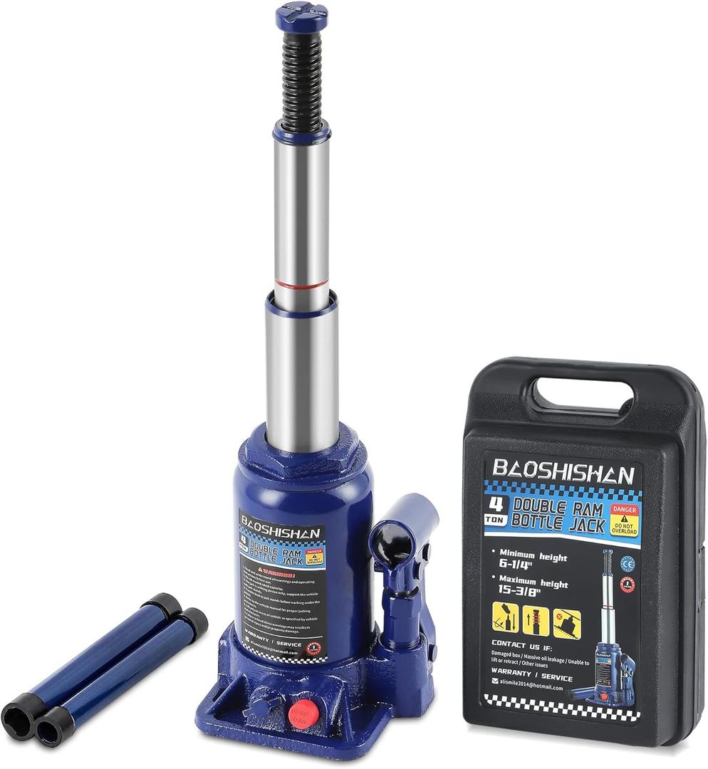 BAOSHISHAN 4 Ton Double Ram Bottle Jack 6-1/4" to 15-3/8" Lifting Range Portable Hydraulic Bottle Jack with Carrying Case