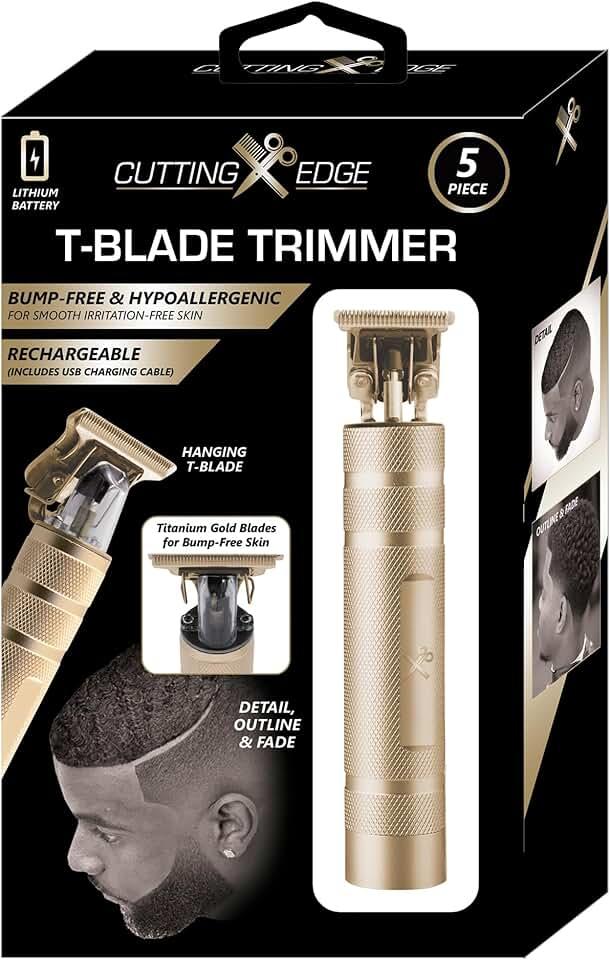 Cutting Edge T-Blade Trimmer for Men, T-Blade Precision Beard Trimmer, Bump Free and Hypoallergenic Titanium Gold Blades, 4 Guide Combs, Rechargeable, Precision Trimmer to Detail, Outline, & Fade