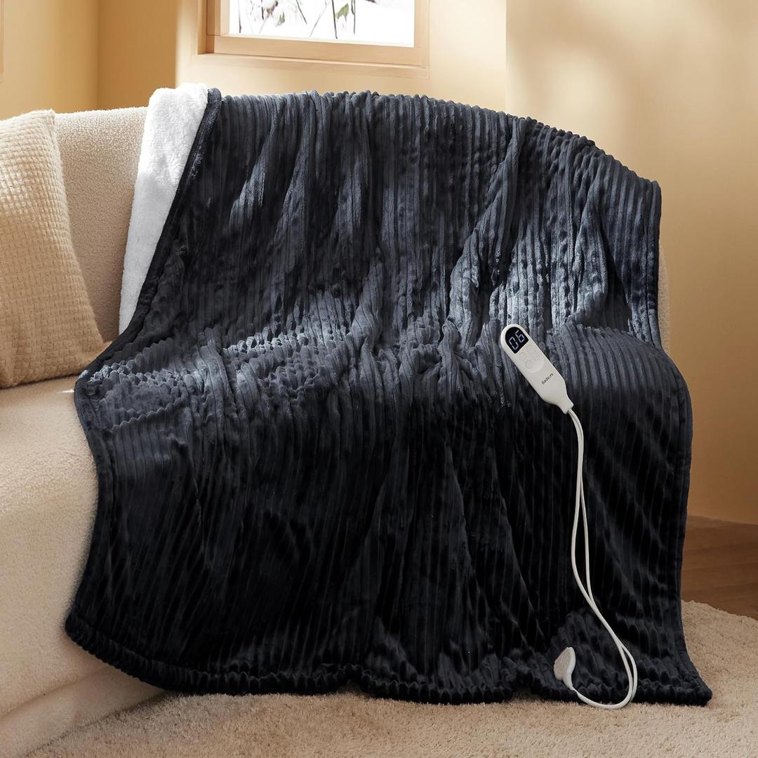 Bedsure GentleSoft Heated Blanket Throw - Soft Ribbed Flannel Electric Blanket, Heating with 4 Time Settings, 6 Heat Settings, and 3 hrs Timer Auto Shut Off, Gifts for Grandma (50x60 inches, Black)
