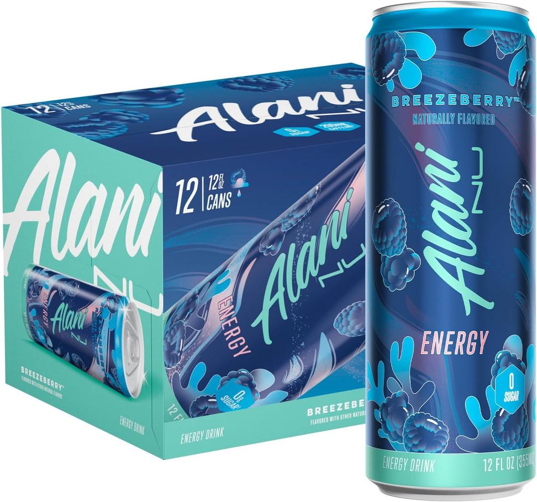 Alani Nu BREEZEBERRY, Sugar Free, Low Calorie Energy Drinks, 200mg Caffeine, Biotin, B Vitamins, Zero Sugar, 10 Calories, 12 Fl Oz Cans, 12 Pack