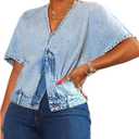 SOLY HUX Women's Denim Tops V Neck Short Sleeve Split Zipper Front Jean Shirt Blouse Pure Blue Medium