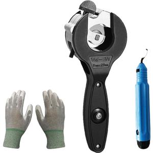 Ratchet pipe cutter 5/16"-1-1/8"| Compact 2-in-1 pipe cutter for narrow Spaces |PVC/Cu/plastic pipe cutter, equipped with ComfortGrip gloves + Pro deburring blade
