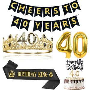 40th Birthday Gifts for Men, 40th Birthday Decorations for Men, Party Decor Supplies including King Crown & Sash & Banner & Balloons & Cake Topper & Candles