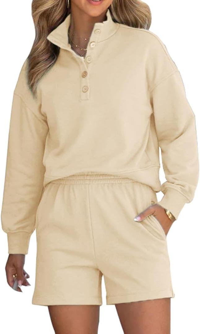 FUPHINE Women 2 Piece Outfits Sweatsuit Long Sleeve Button Down Pullover and Shorts Set with Pockets, L