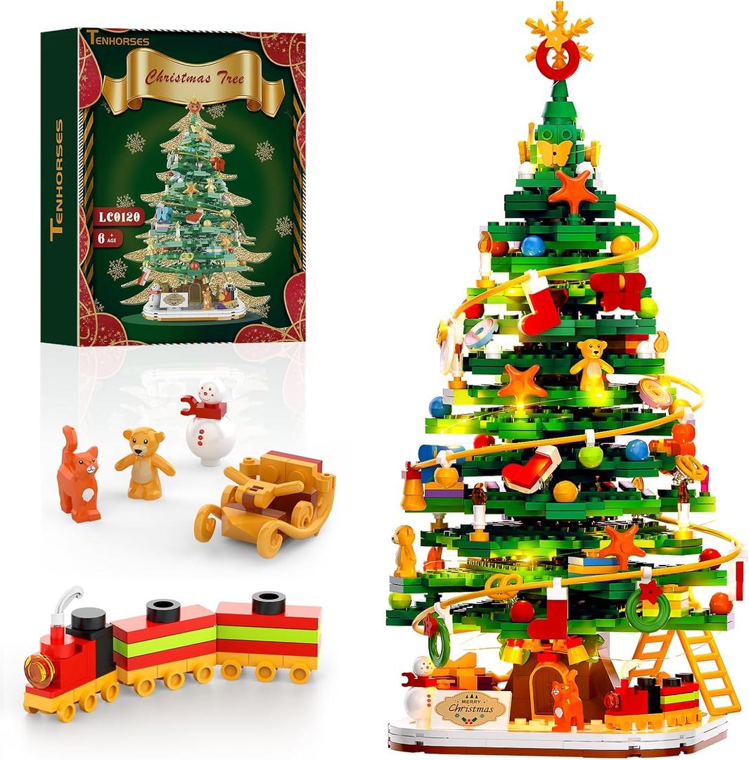 Christmas Tree with LED Light Building Blocks, Compatible with Lego Christmas Ornaments Set for Tabletop Home, Wreath Snowflake Xmas Decoration Stocking Stuffers Toy for Boys Girls Adults
