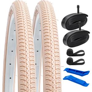 YUNSCM 2-PCS 26x1 3/8 (37-590) Pink Bike Tires and 26x1 3/8" Heavy Duty Bike Tubes Schrader Valve with 2 Rim Strips Compatible with Road Bike 26 x 1 3/8 26x1 3-8 Bicycle Tires and Tubes (Y-1212)