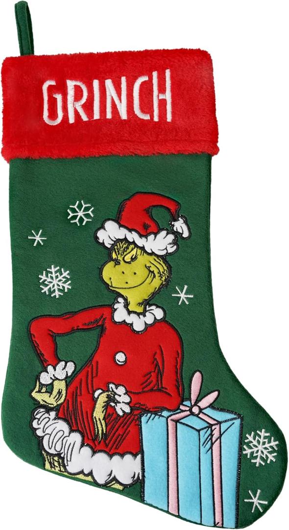Grinch with a Present 20 inch Appliqu Christmas Stocking
