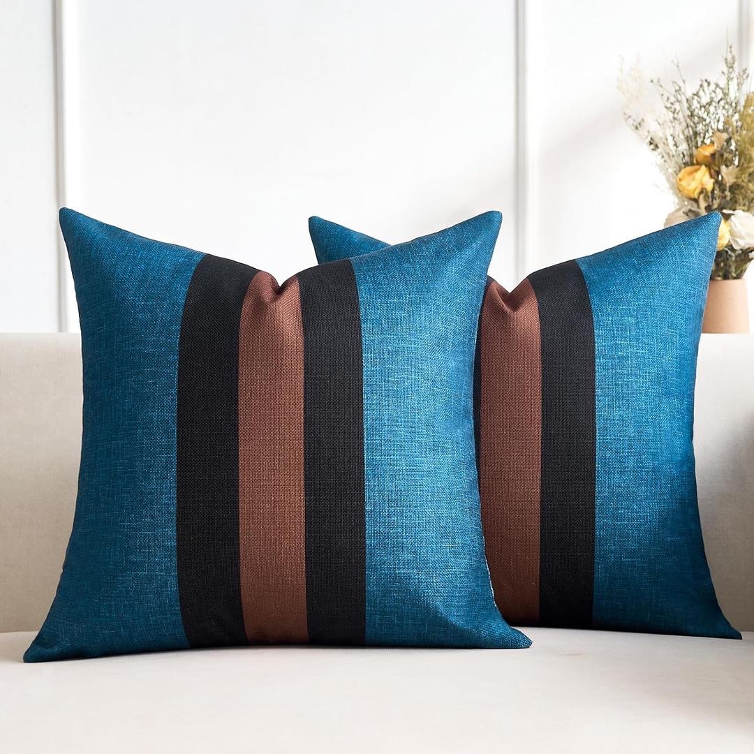 Rustic Pillow Covers Patchwork 18x18 Inch Pillow Case Cotton and Linen and Polyester Blue Black Red Farmhouse Accent Pillows for Couch Bedroom Sofa Living Room Set of 2
