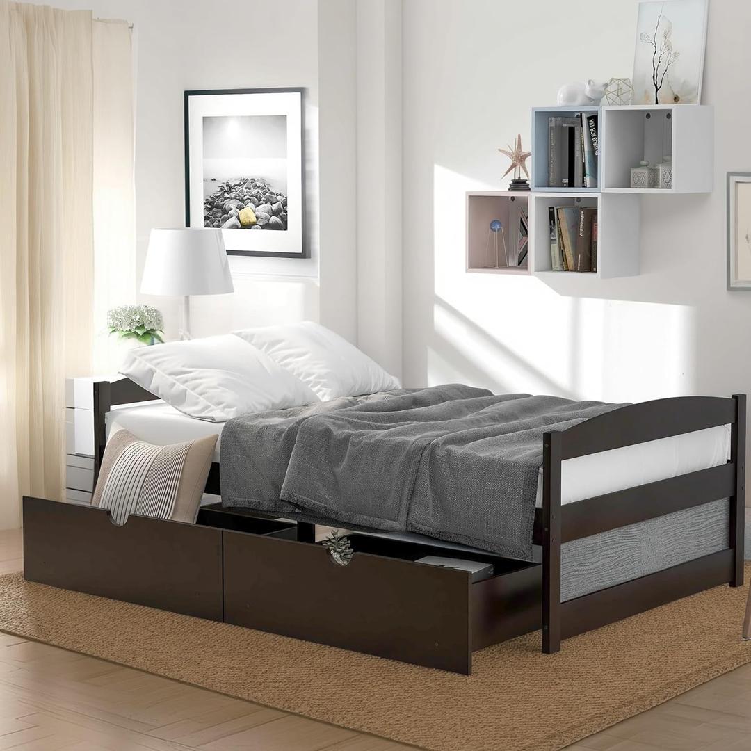 Twin Size Bed Frame with 2 Large Storage Drawers, Solid Wood Platform Bed w/Headboard and Strong Wooden Slats Support, No Box Spring Needed, Easy Assembly, Espresso