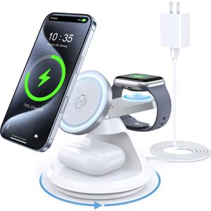 3 in 1 Charging Station for Apple MagSafe Charger Compat, 15W Magnetic Wireless Charger Stand, 360 Rotating Dock, Wireless Charging Station for iPhone 17 16 15 14 13 12 Series for iWatch for AirPods (White)
