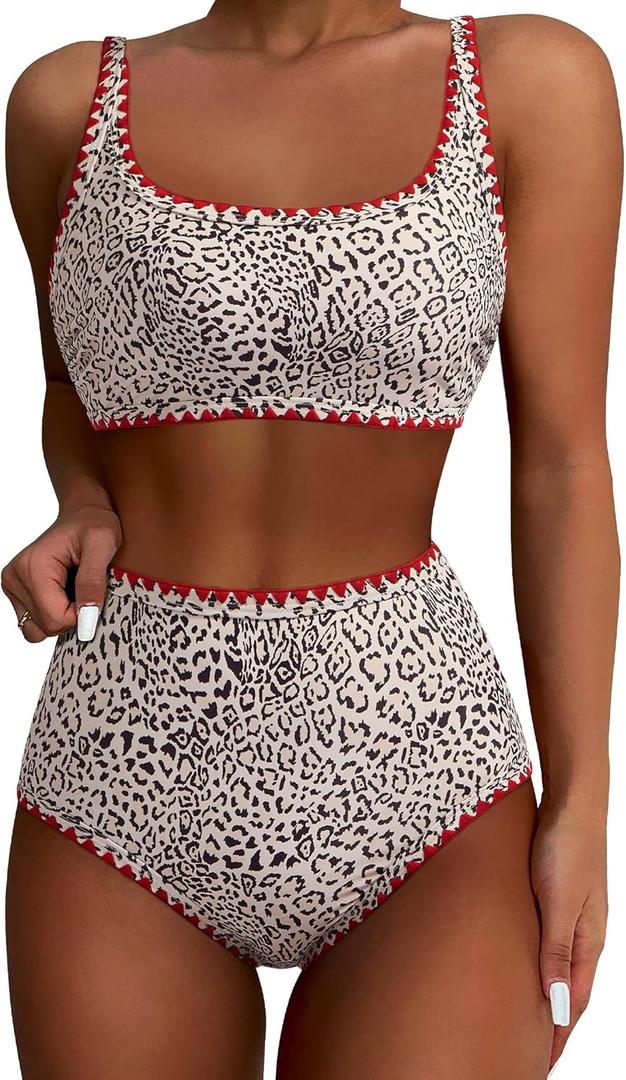 SUUKSESS Women High Waisted Bikini Set Floral Print Color Block 2 Piece Swimsuit (Large, 148 Leopard Red)