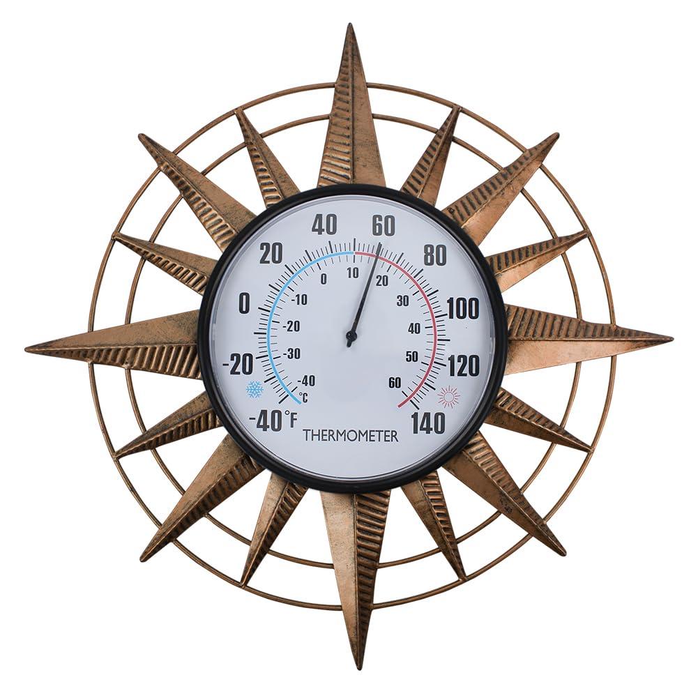 14'' Sun Outdoor Thermometer, Metal Wall-Mounted Thermometer No Need Battery, Indoor Decor for Patio Garden Living Room, Sunburst