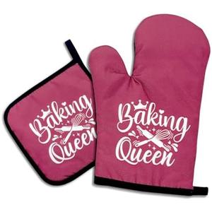 DLTRXMY, Baking Queen, Funny Oven Mitts and Pot Holders, Silicone Non-Slip Oven Mitts, Kitchen Gift for Women, Bake Lover Gift, Housewarming Gift Ideas