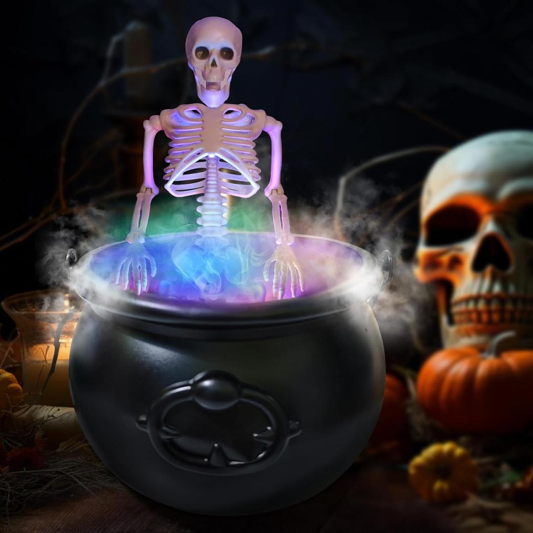 Halloween Decorations Indoor, Large Witches Cauldron with Skeleton & Fog Maker with Mist Diffuser, Black Plastic Cauldron Skeleton Halloween Party Decor for Home Room Mantel Table