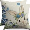 Spring Easter Pillow Covers 18X18 Set of 2, Bunny Rabbit Blue Floral Butterfly Easter Egg Holiday Decorative Throw Pillowcases Vintage Seasonal Outdoor Farmhouse Cushion Cases Couch Sofa Bed Decor