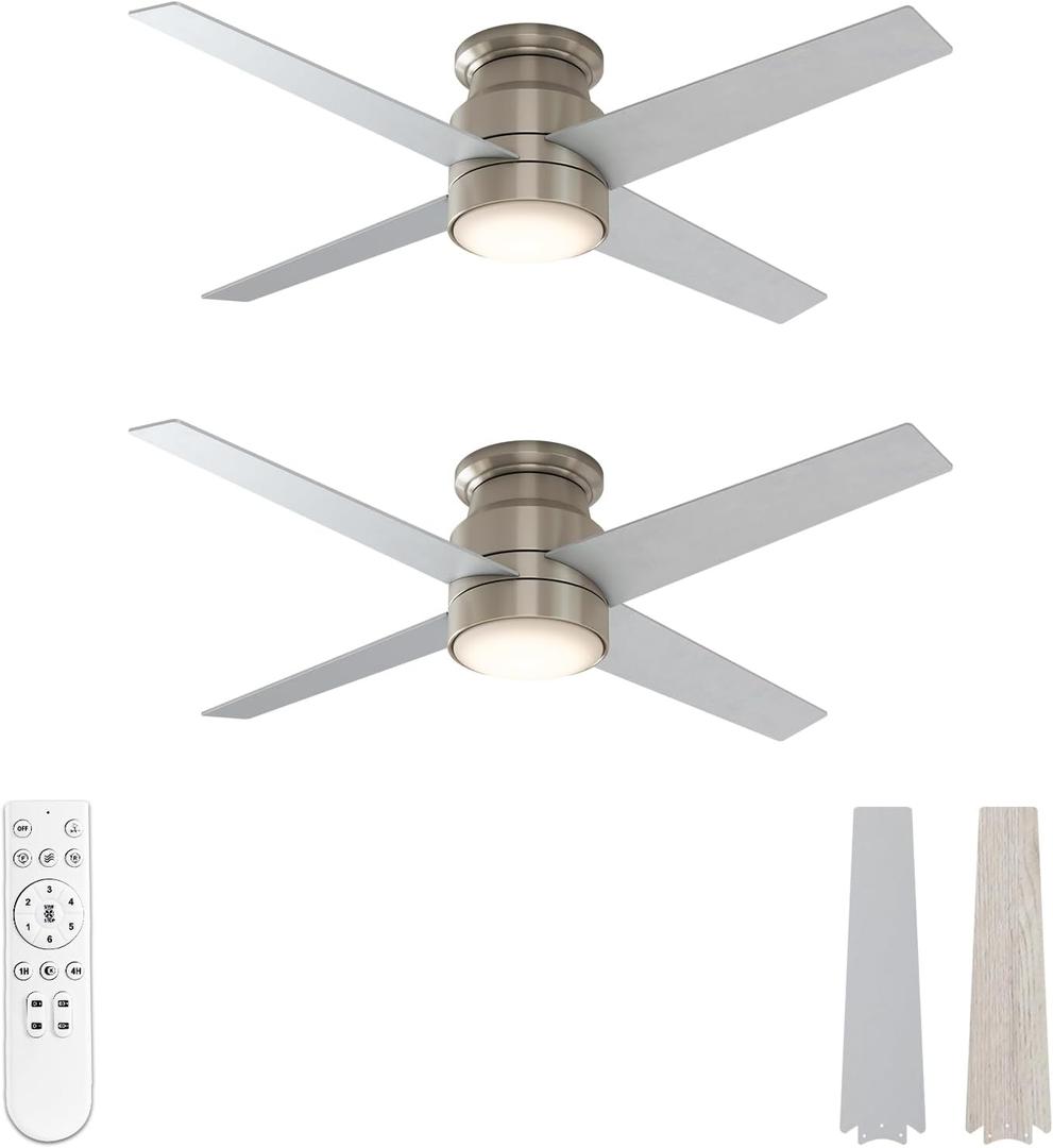 warmiplanet Flush Mount Ceiling Fans with Lights and Remote Control, 52-Inch, Brushed Nickel, 4-Blades, 2 Pack