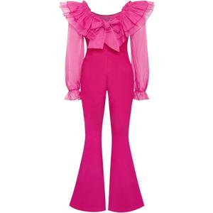WDIRARA Girl's Ruffle Trim Square Neck Long Sleeve Flare Leg Jumpsuit High Waist Contrast Mesh Long Romper 8Y
