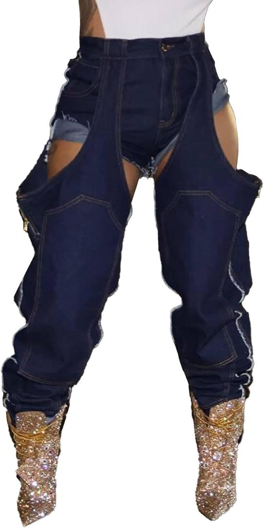 Vakkest Women's Baggy Denim Jeans Patchwwork Pants High Cutout Straight Wide Leg Stretchy Ripped Pants Y2K Streetwear, M