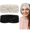 5 x CAVETEE Winter Headbands for Women 2 Pack Thickened Coral Fleece Lined Crochet Knit Non-Slip Windproof Knit Headbands for Women (Black&Dark Blue) 10 Count