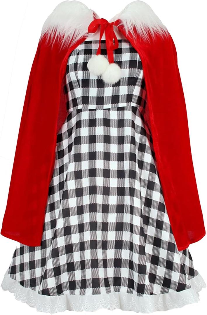 GOLDSTITCH Womens Christmas Costume Santa Dress Outfits with Cloak Plaid Dress Xmas Party Birthday Dress Up (X-Large, Red)