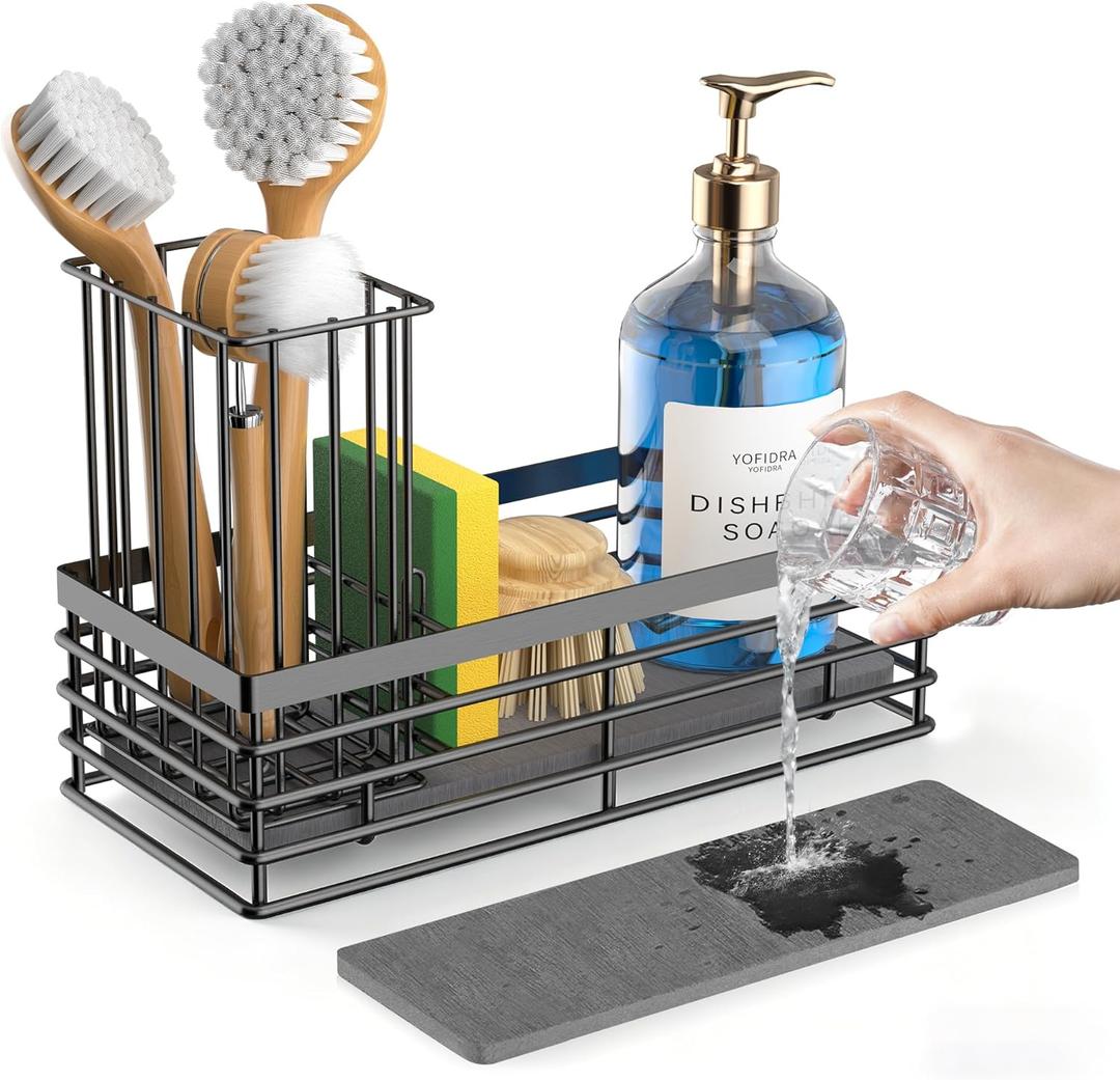 Yofidra Sponge Holder for Kitchen Sink, Sink Caddy Organizer with Stone Drying Mat, Kitchen Countertop Organizers and Storage Essentials, 304 Stainless Steel (Black, 9.3)